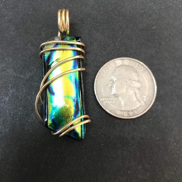 Large Black Green Blue dichroic glass Pendant Wire Wrapped GF Iridescent Artisan - Picture 2 of 8